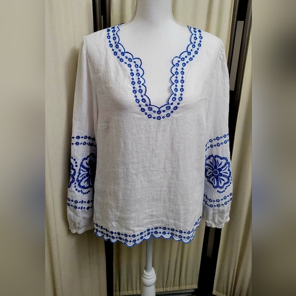 J. Crew Tops - J. Crew White Linen Boho Blouse with Blue Embroidery | Size Medium